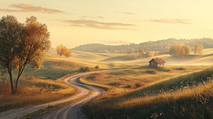 Wall Mural - Scenic sunrise over rolling hills, winding road leads to a rustic cabin in a misty field.