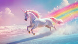 Magical pastel unicorn leaping over a rainbow, whimsical illustration. Bliss - Beach. Illustration