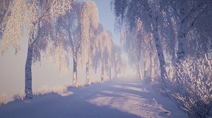 Wall Mural - Snowy path through a winter birch forest at sunrise.