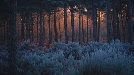 Wall Mural - Frosty sunrise in pine forest.