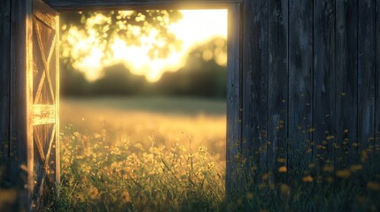 Wall Mural - Open barn door reveals sunset over wildflowers.