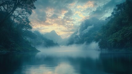 Wall Mural - Misty sunrise over tranquil river in lush jungle.