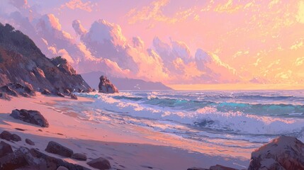 Wall Mural - Serene sunset over a tranquil beach with gentle waves lapping the shore.