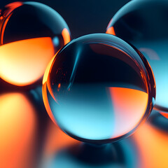 Wall Mural - 3D rendering of a smooth black gradient background with orange and blue lighting on the edges. The focus is on three large, curved spheres that create an abstract composition
