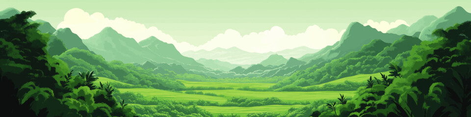 Poster - Serene Mountain Valley Landscape Vector Art with Lush Green Hills, Rolling Meadows, and Dense Forest Under Bright Sky for Nature Background or Wallpaper