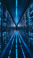 Poster - Long hallway in a server room with blue lights shining brightly
