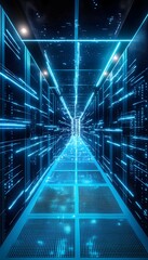 Poster - A futuristic data center illuminated with bright blue lights