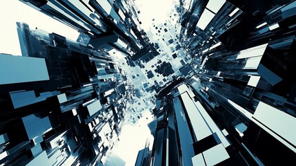Aufkleber - Abstract geometric composition with blue and black rectangular elements forming a tunnel like pattern