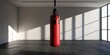© Sina Blaze - A red punching bag hanging in a minimalist gym with sunlight casting shadows on the floor, symbolizing strength training, boxing practice, fitness, and a focused workout environment