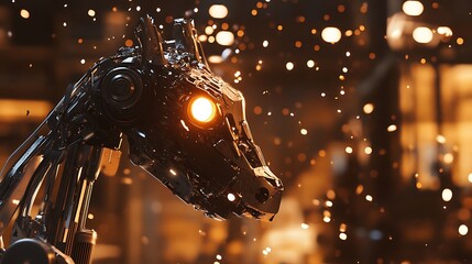 A close-up view of a futuristic robotic horse head illuminated by orange light in a warm, dynamic environment filled with glowing particles