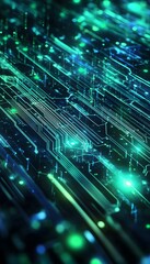 Poster - Glowing green electronic circuitry with intricate connections and paths