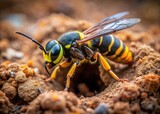 Oxybelus Uniglumis Wasp Building Nest - Detailed Close-up Documentary Style