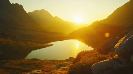 Wall Mural - warm sunlight bathes a serene mountain lake, reflecting the golden hues of sunset as majestic peaks 