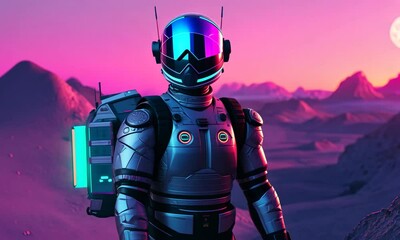 Wall Mural - futuristic astronaut on alien planet with colorful landscape at dusk with ai generated.