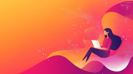 Poster - Abstract digital illustration with a person working on a laptop with vibrant gradient background