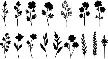 flowers, plants set silhouette isolated vector
