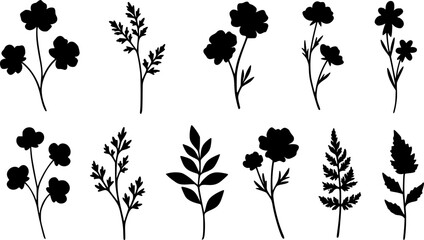 flowers, plants set silhouette isolated vector