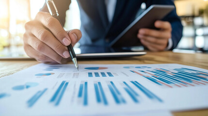 Poster - Businessman analyzing financial data charts graphs report pen work table office market growth tablet