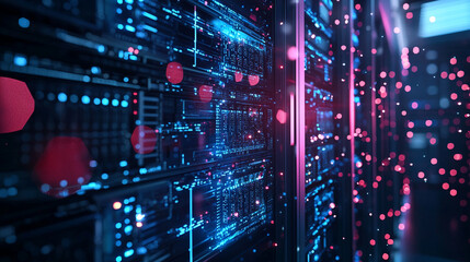 Fototapete - Abstract digital server room technology background with blue and pink lights data code cyber future