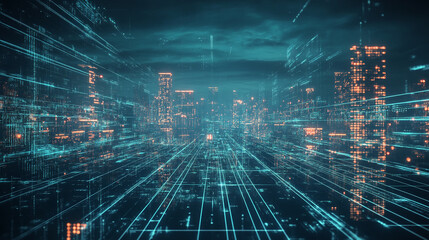 Poster - Abstract futuristic cityscape digital lines glowing orange teal night modern technology data dark