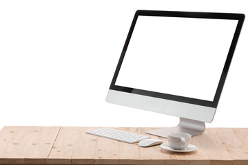 Aufkleber - Computer monitor, keyboard, mouse and cup of drink on wooden desk against white background
