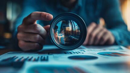 Poster - Businessman analyzing financial charts through camera lens detailed view data graph market growth