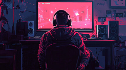Poster - gamer playing video game at night in stylish room setup red art neon pink dark desk style chair