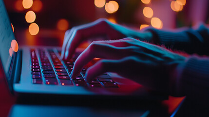 Poster - Closeup of hands typing on laptop keyboard at night with colorful lights red web work blue glow dark