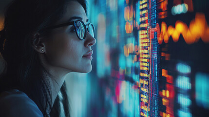 Poster - Young woman analyzing data on a bright colorful screen cyber future modern coding market global