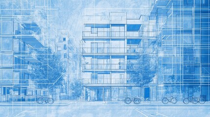 Aufkleber - Architectural blueprint of modern buildings and bicycles with blue tone for design concept