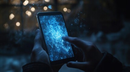 Poster - Hands holding mobile phone displaying futuristic holographic data and browsing through internet or using innovative augmented reality app at night