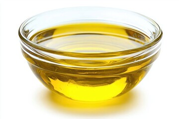 Poster - Elegant glass bowl filled with radiant golden olive oil close up studio shot on a white background