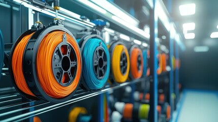 Poster - Vibrant Filaments in a Precise Arrangement Showcasing Modern Manufacturing and Creative Potential in Bright Lighting