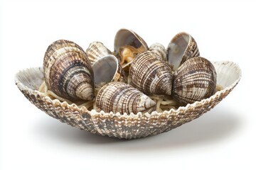 Poster - Exotic Seashell Pasta Dish Close Up High Angle Still Life on White Background with Dramatic Studio Lighting