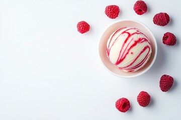Aufkleber - Refreshing raspberry ripple ice cream in a pink bowl surrounded by fresh raspberries flat lay on white