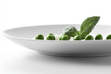 Poster - Elegant minimalist composition showcasing vibrant green peas with basil leaf in a white bowl diet concept