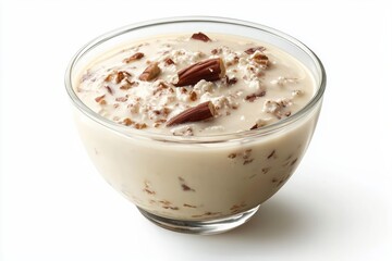 Poster - Delicious breakfast bowl with almond and grain cereal soaked in fresh almond milk a white background