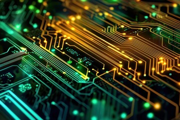 Fototapete - Illuminated Circuit Board Pathways in Vibrant Green and Gold Close Up High Technology Concept