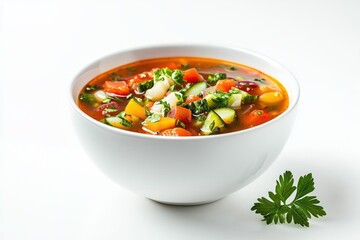 Poster - Fresh vegetable soup in a white bowl with vibrant colors and minimalist background perfect for food blogs diet food or health concept