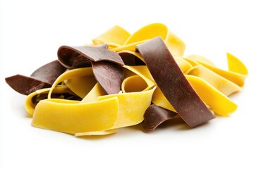 Poster - Artistic presentation of fresh pasta ribbons in warm yellow and rich brown hues on a white background