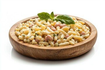 Poster - Creamy cavatelli pasta with borlotti beans in a wooden bowl adorned with fresh basil leaves culinary delight