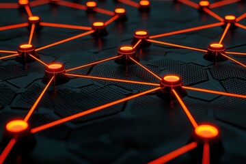 Poster - Abstract Glowing Network Connecting Nodes and Lines on Black Technological Background Futuristic and Modern High Tech Design Style