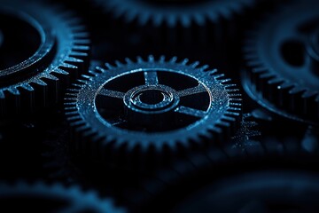 Poster - Close up captivating view of cogwheels machinery components against a dark background in blue hue