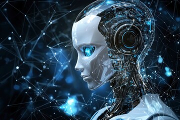 Aufkleber - Futuristic Robot Face with Artificial Intelligence Circuitry and Glowing Blue Eye on Complex Network