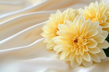 Aufkleber - Floral Serenity Three Pale Yellow Dahlias Bloom on Silky Fabric Revealing Subtle Beauty in a Natural Light Background