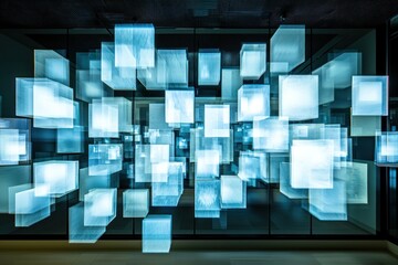 Aufkleber - Ethereal Array of Floating Luminous Cubes in Azure Tones Abstract Architectural Installation