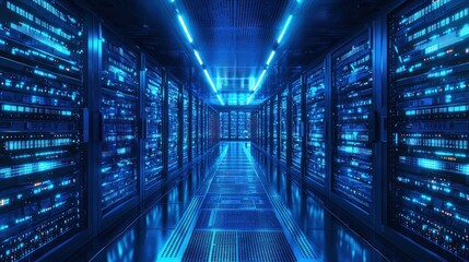 Fototapete - Blue lit server room with racks of computer equipment under neon lights in futuristic data center
