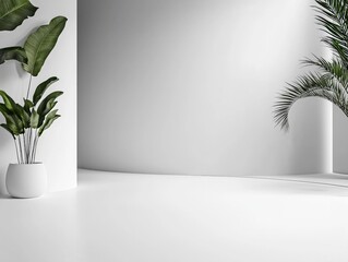 Poster - Elegant potted plant placed in a bright and airy white room with soft natural light streaming through the