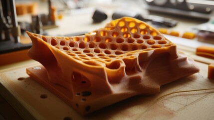 Poster - Intriguing orange prototype with honeycomb structure created by additive manufacturing on a workbench