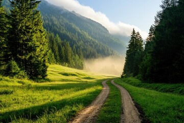 Poster - Serene morning light on rural pathway through lush green meadow forests leading to misty mountain in tranquil nature